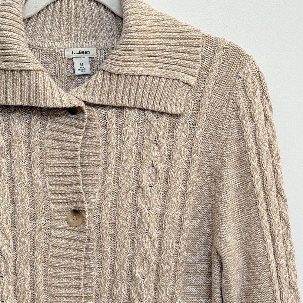 L.L. Bean Cable Knit Fisherman Cardigan Sweater Beige Cotton Button Front M - Picture 3 of 8